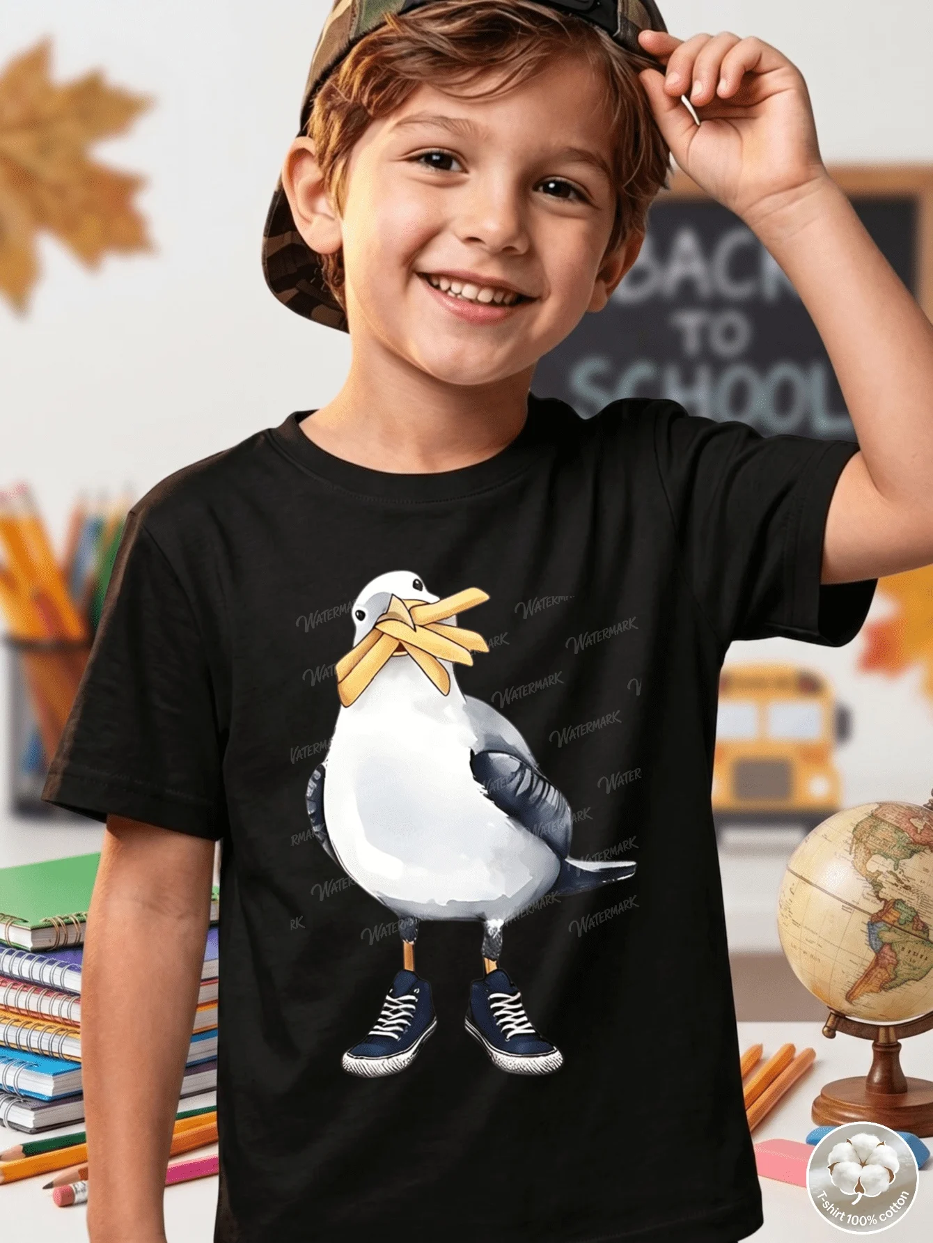 Seagull With French Fries Sneakers Cartoon Print T Shirt Boys Girls Funny Short Sleeve Tee Family Matching Kids Cotton Tops