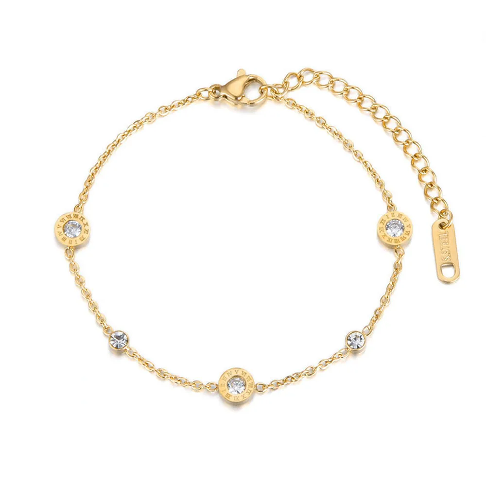 JeeMango Klassische Römische Ziffern Zirkonia Kette & Link Armbänder Schmuck Titan Stahl Charms Armband Für Frauen B18019