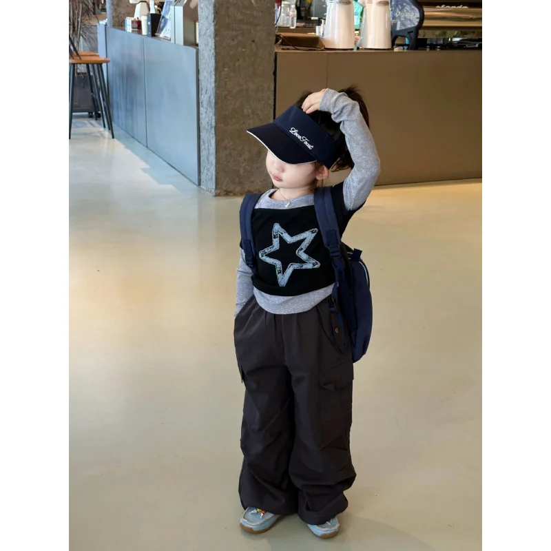 

Girls' Spring and Autumn New Fake Two-Piece Base Shirt American Retro Workwear Pants Two-Piece Set