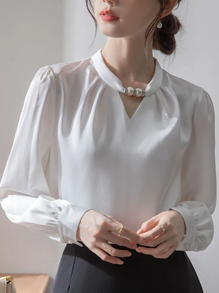 Korean Chic Blouse Women Solid Hollow Out Pearl Vintage Shirts Stand Neck Puff Sleeve Temperament Tops 2024 Blusas Mujer De Moda