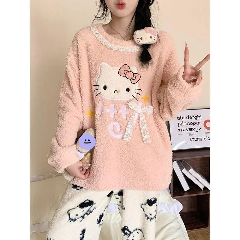 

Комплект пижамы Sanrio Hello Kitty для женщин, из кораллового флиса, для осени и зимы, домашняя одежда для отдыха, милый дизайн с бантом, теплый и комфортный
