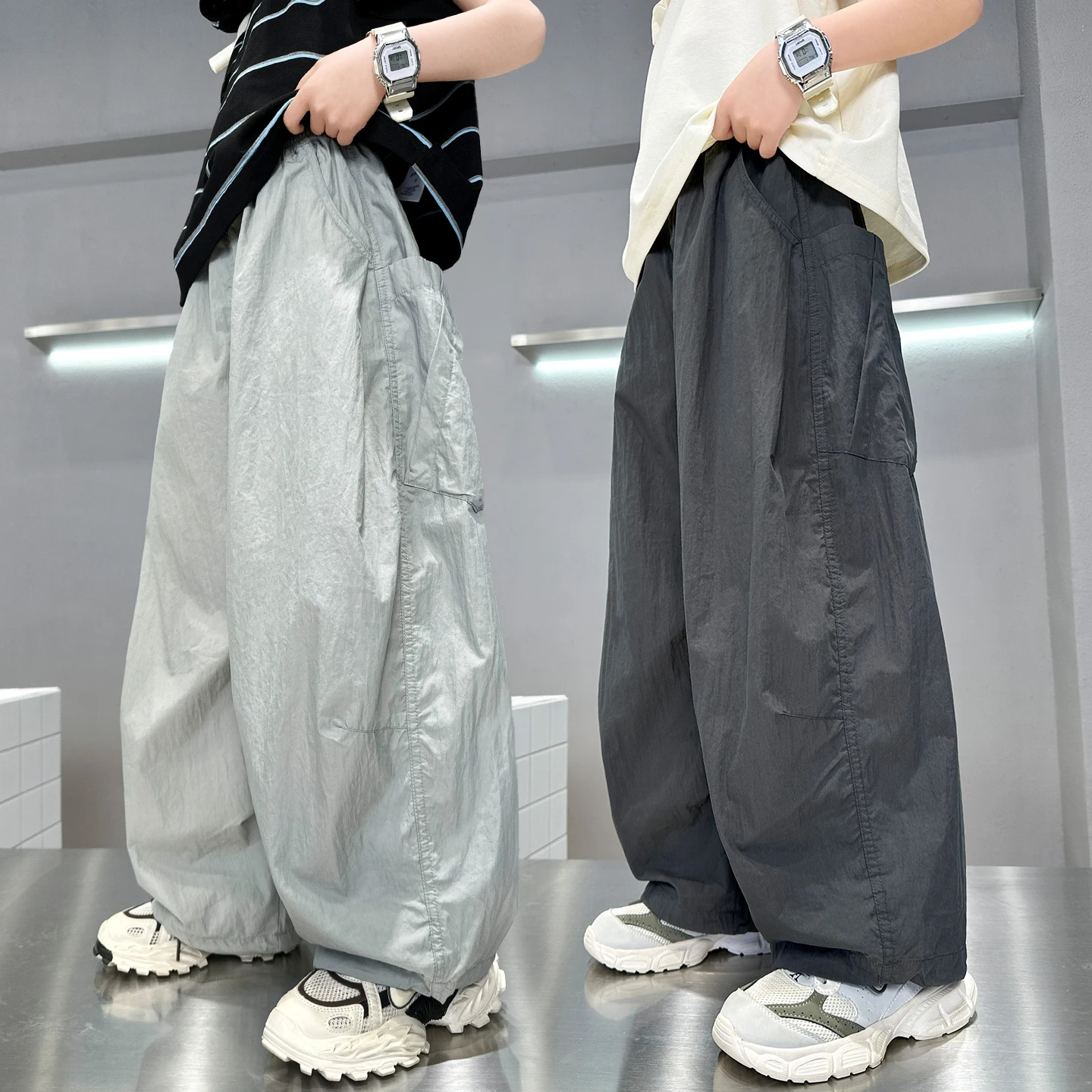 Summer Boys Grey Ice-Like Fabric High Street Style Thin Sports Pants Casual Children's Clothing New Kids Sweatpants Ages 4-14Y