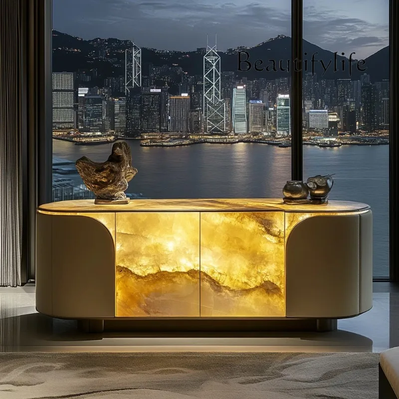 

Luminous jade luxury stone dining side cabinet modern simple light luxury living room locker storage cabinet