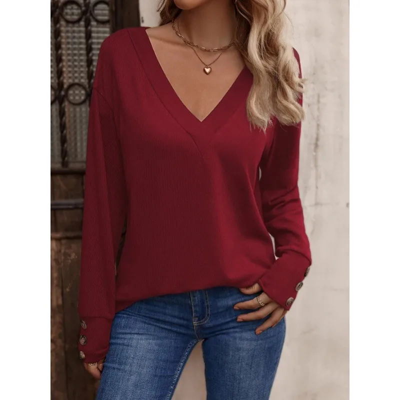 Loose Fit V Neck Top Regular Length Commuter Chic with Button Front Long Sleeve Patchwork Urban Daily Women Long Sleeve Shirt