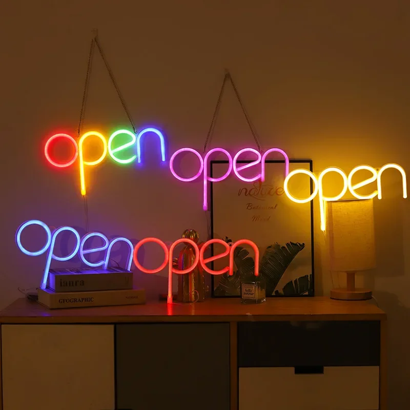 LED Neon Lights OPEN Wall Sign USB Atmosphere Light Door Decor Hanging Night Lamp Business Bar Beer Club Coffee Shop Decoration