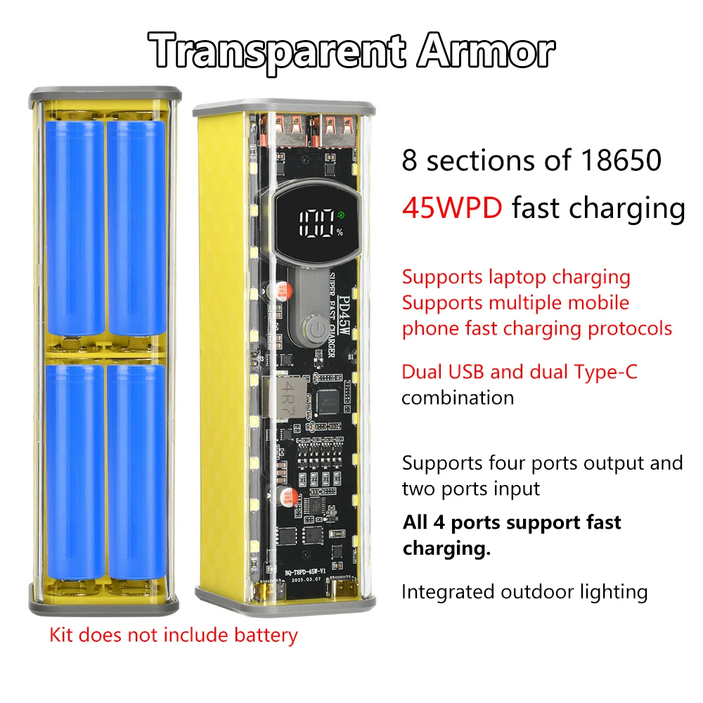 

45W 8*18650 Transparent Power Bank Case DIY Electronic Kit With Light Digital Display Fast Charge Battery Storage Box USB TypeC
