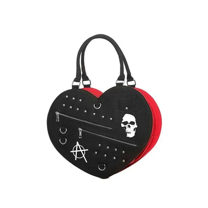 

BIG PUNK HEART SHAPED BLACK AND RED BAG SKULL ZIPPER DECORATION GOTHIC EMO UNIQUE PURSE DOUBLE HANDLES TOTE BAG