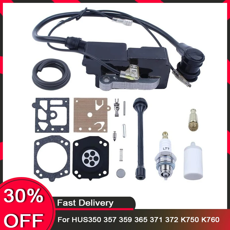 Ignition Coil &Module Kit for Husqvarna 350 357 359 365 371 372 | Tune-Up Set with Fuel Pump Diaphragm and Filter for K750 K760