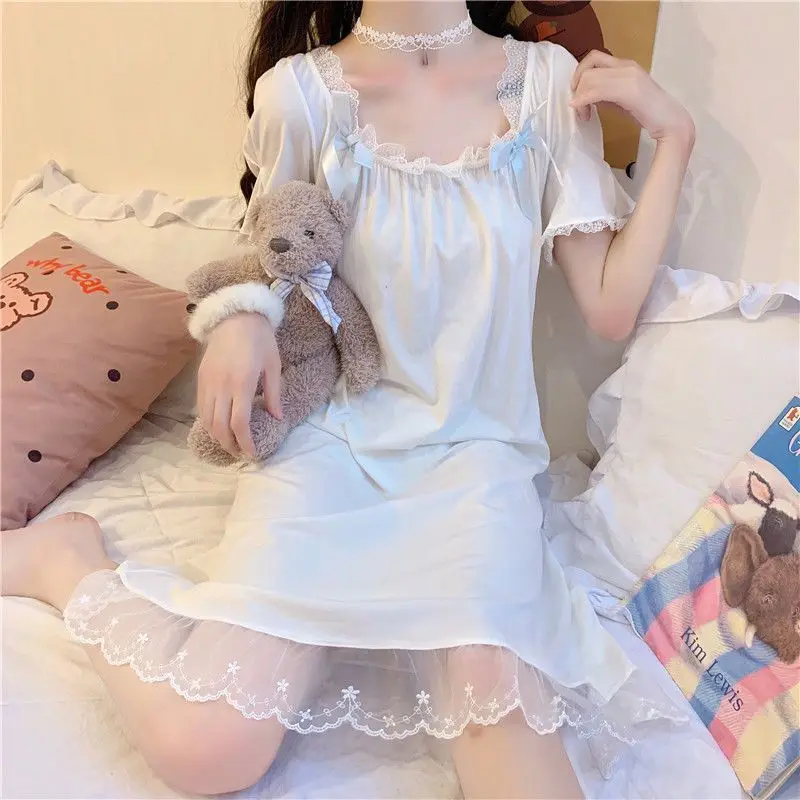 Camicie da notte donna Mini Sleepwear Kawaii Clothes Home Soft Summer Square Collar Lace-spliced Girls Sweet White Lounge Kpop Trendy