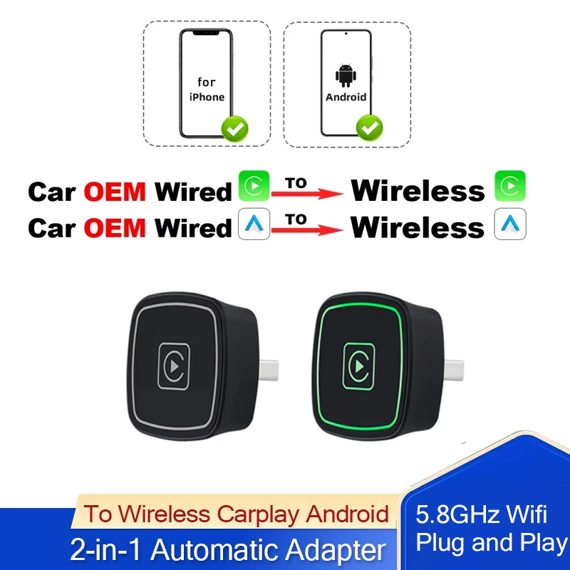 

2in1CarPlay Android Auto Box Adapter Wireless CarPlay Dongle Wired To Wireless For Audi Toyota Mazda Nissan Chevrolet Suzuki