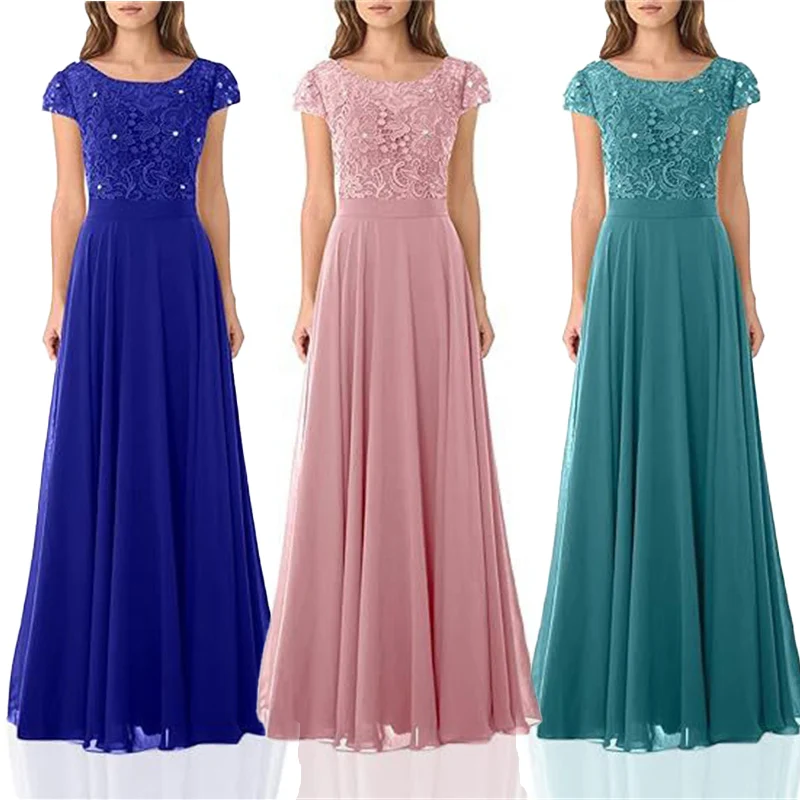 A Line Chiffon Lace Crystals Short Sleeve Elegant Off Shoulder Bridesmaid Dresses Wedding Party Evening Formal Prom Lace Up Back