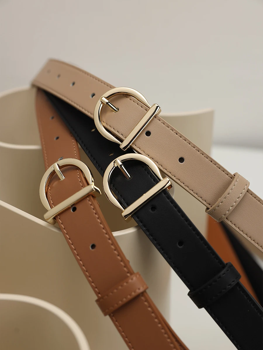 Women Solid Color Skinny Belt Stitching Leather Belts Gold Metal Buckle Belts For Ladies Girls Jeans Pants Waistband Strap