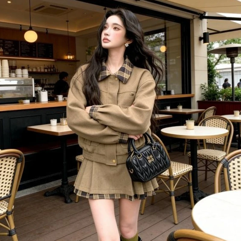 Japanischer Preppy-Stil 2-teilige Sets für Damen, Vintage Peter-Pan-Kragen, langärmeliger Mantel, Kawaii, kariertes Patchwork, Faltenrock-Outfits