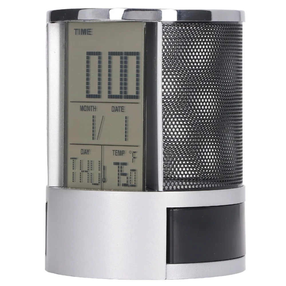 Temperature Detection Pen Holder Clock Multi-Function Circular Design Storage Pen Holder Iron Mesh Digital Alarm Clock Office