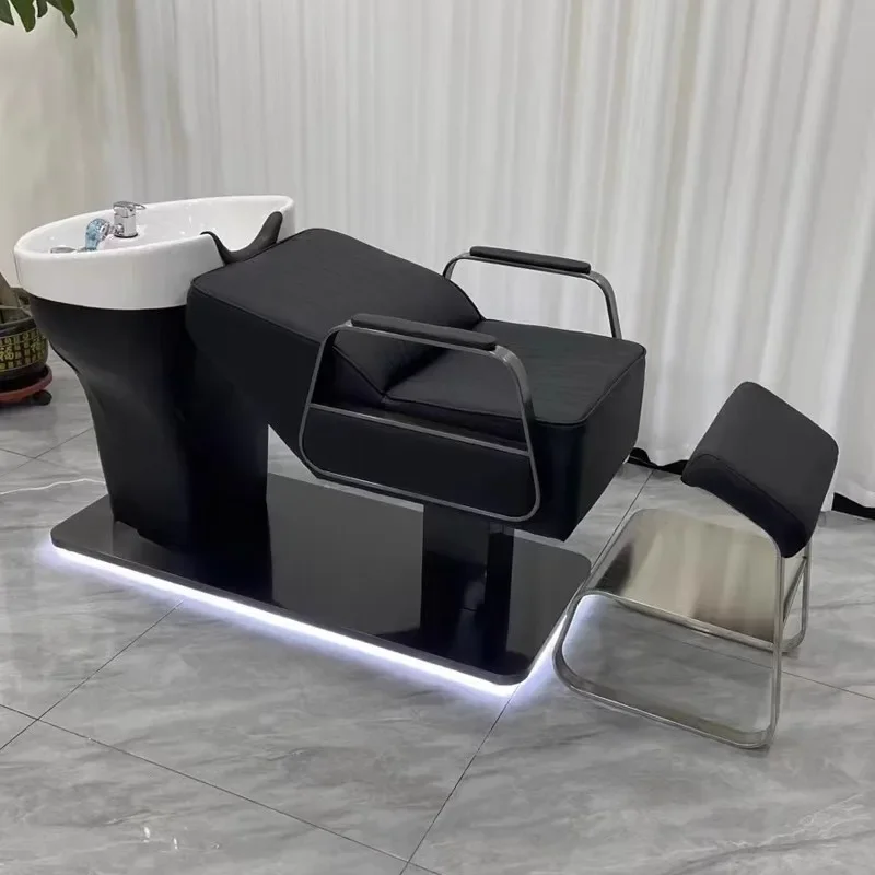 

High-end barber shop shampoo bed hair salon special ceramic basin stainless steel flushing bed hair salon semi-reclining massage