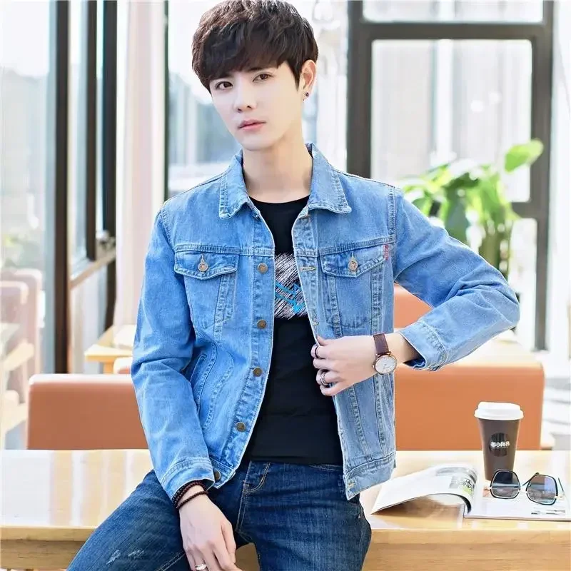 Button Casual Slim Jeans Coat for Men Autumn Blue Denim Jackets Man Short Korea Vintage Cowgirl Lxury Outwear Washed Joker Y2k G