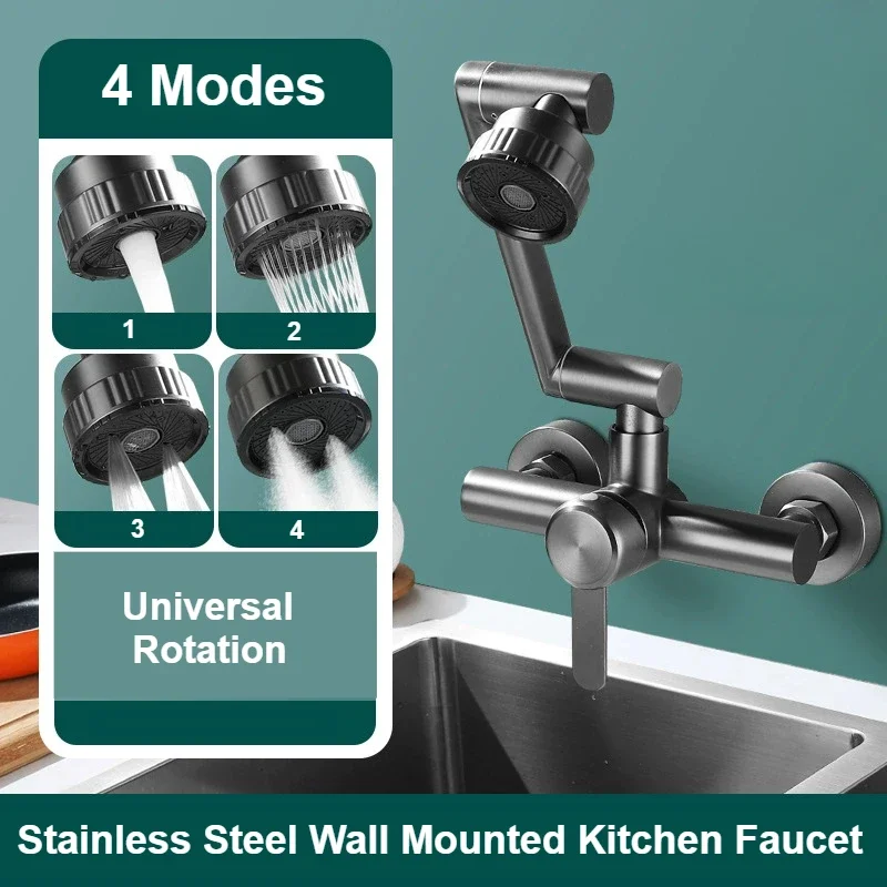 4 Modes Nozzle Faucet Kitchen Faucet Wall Mounted Washbasin Faucets Stainless Steel Mixing Tap Bathroom Faucet 360° Rotation