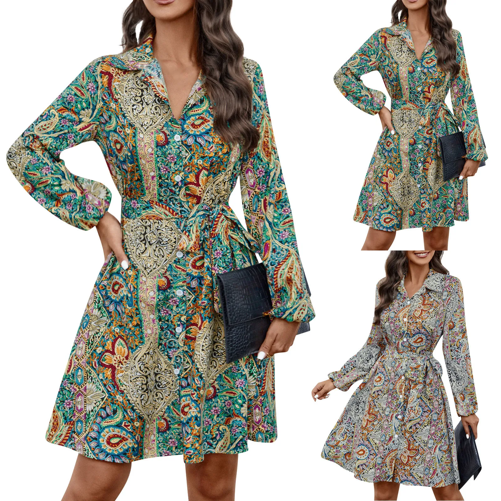 Moda stampa floreale camicia abito donna 2023 autunno manica lunga elegante ufficio abbigliamento donna scollo a v abiti stringati per donna