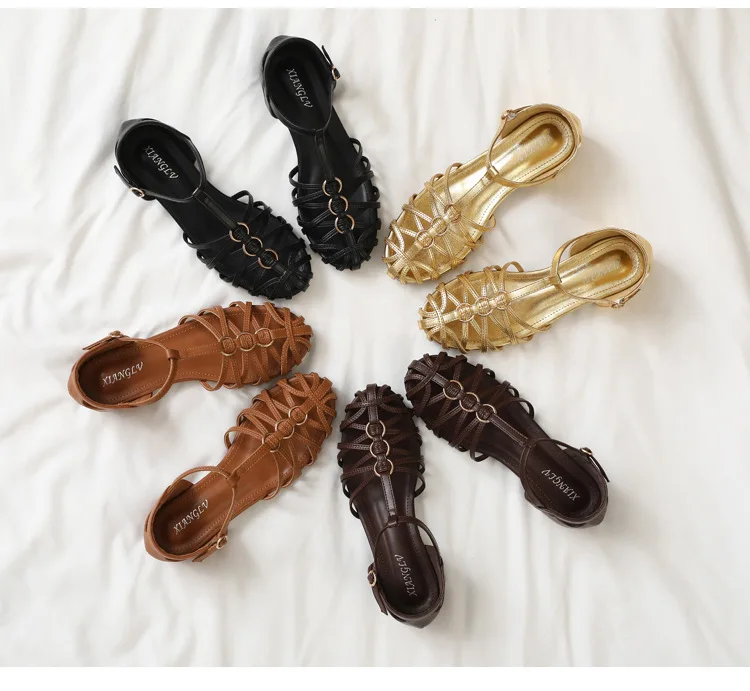 Designer Narrow Band Big Size Flat Sandals Women Summer Casual T-tied Cross Strap Weave Hollow Beach Roman Gladiator Sandalias view 6