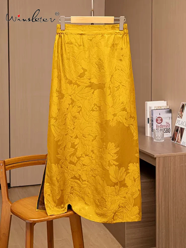 

Winsleter, 100%Real Silk Watered Gauze Elegant Skirts, Women Elastic Waist Jacquard, Loose Retro Skirt, Summer Autumn B48201QC