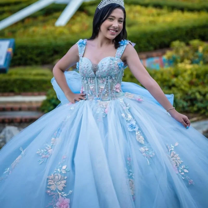 

sky blue Quinceanera Dress off-shoulder Lace layering glitter flower decal Bow vestidos de 15 Quinceanera ﻿Customized