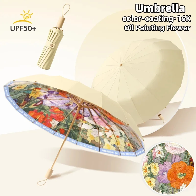 

Роскошный зонт с масляной росписью, цветное покрытие, защита от УФ-излучения UPF50+, солнцезащитный зонт для женщин, элегантный складной зонт от дождя и солнца