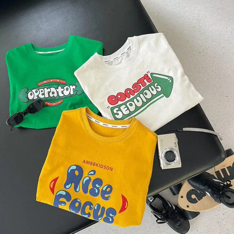 

2026 Summer New Children Short Sleeve T Shirts Cotton Boys Girls Letter Print Tee Toddler O-neck Casual T Shirts Kids Clothes