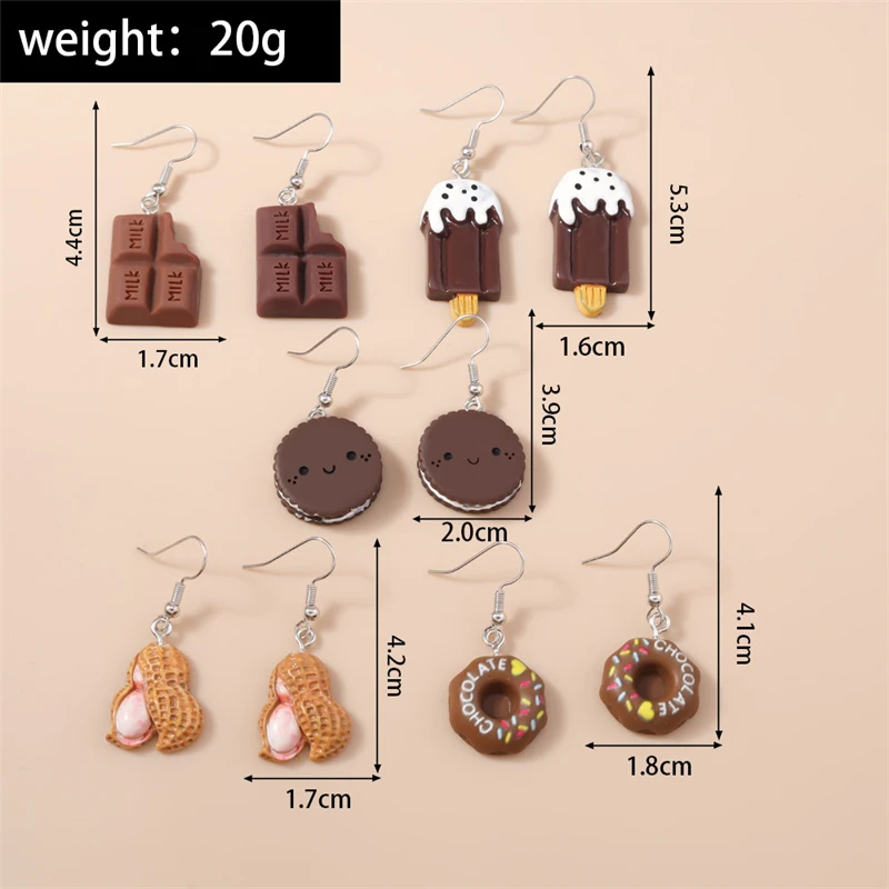 5 Paar/Set Niedliche Ohrringe mit Lebensmittelmotiven für Damen, Harz-Kekse und Schokoladen-Ohrringe, Mädchen-Party- und Festival-Schmuck, Geschenke – Detail 3