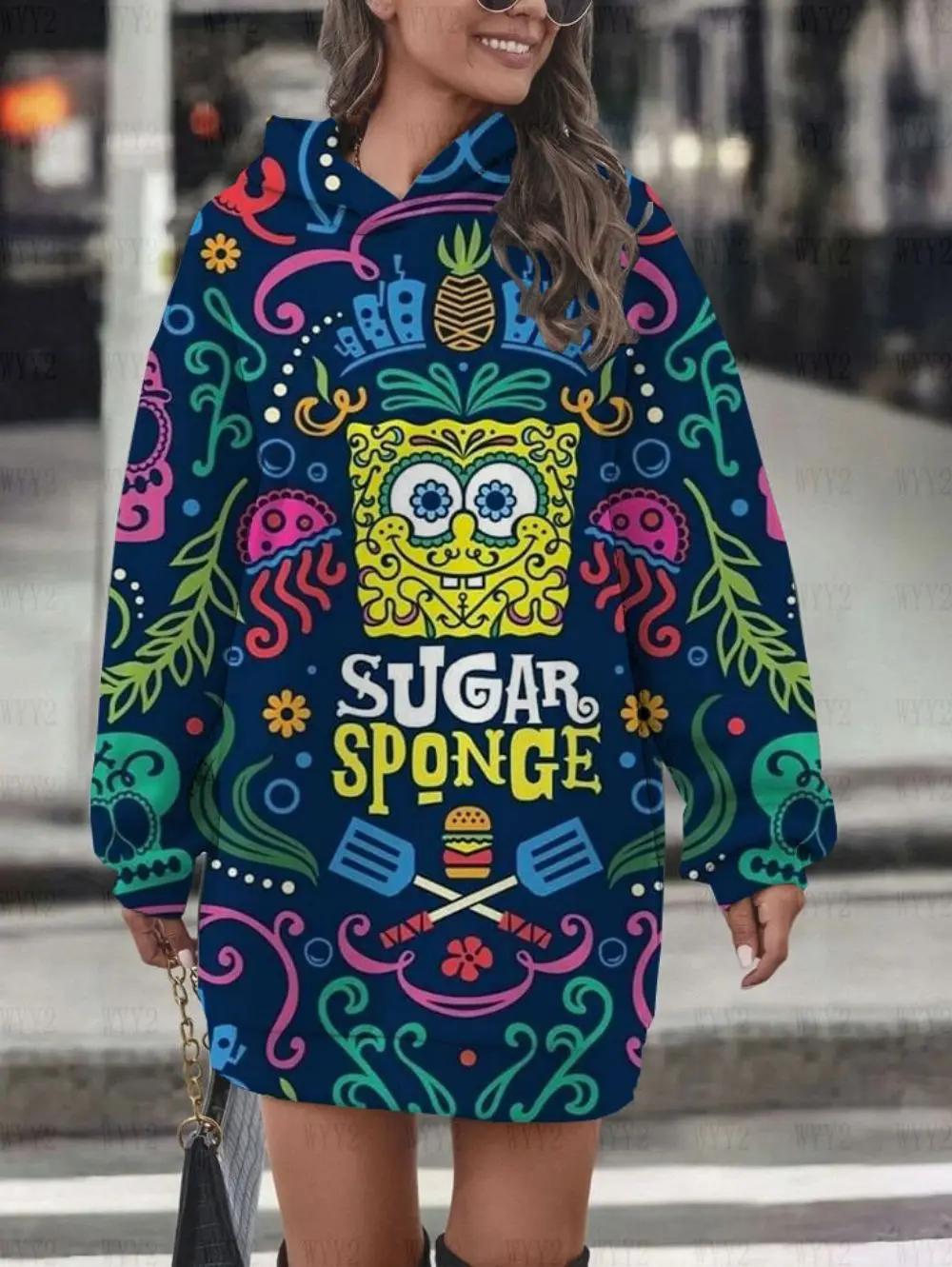 Cartoon SpongeBob SquarePants Cute Print Fashion Street All-match Girls Hoodie Dress Sweet Girl Retro Hoodie