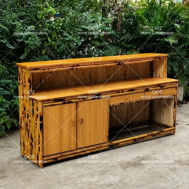 Retro Solid Natural Bamboo Checkout Counter Restaurant Bar Reception Desk Agritainment Front Desk