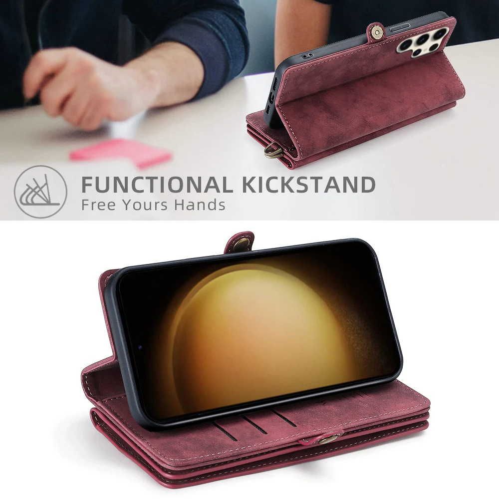 MEGSHI Luxury 2 in 1 Detachable Wallet Case for Galaxy S23 Ultra S23 Plus S23 S21 FE Magnetic Clasp Flip Leather Phone Case