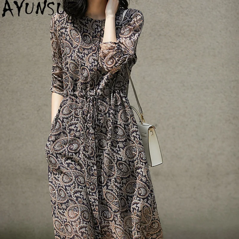 AYUNSUE Georgette Mulberry Silk dresses woman Shirt-style long dresses Commuting floral summer dress elegant woman clothes 원피스