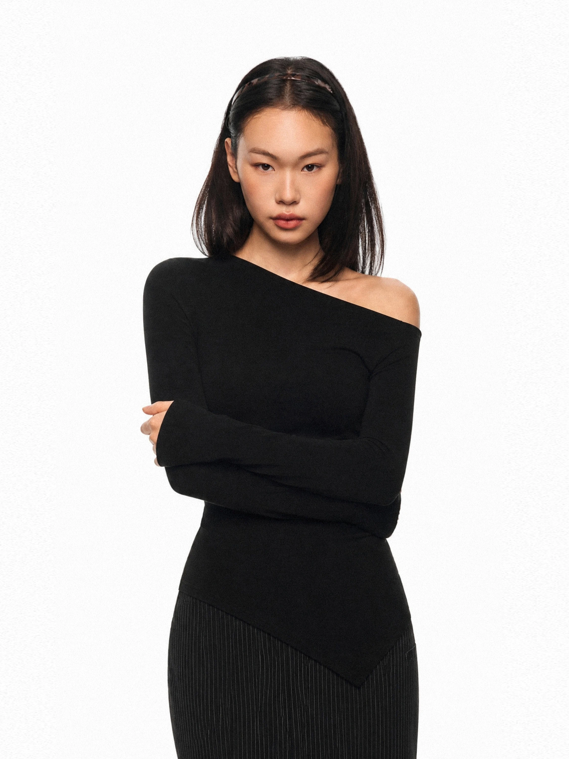 GoGo Burn American Pure Color Long Sleeve T-Shirt Women's Autumn New Design Sensation Irregular Slim Fit Top Casual Style