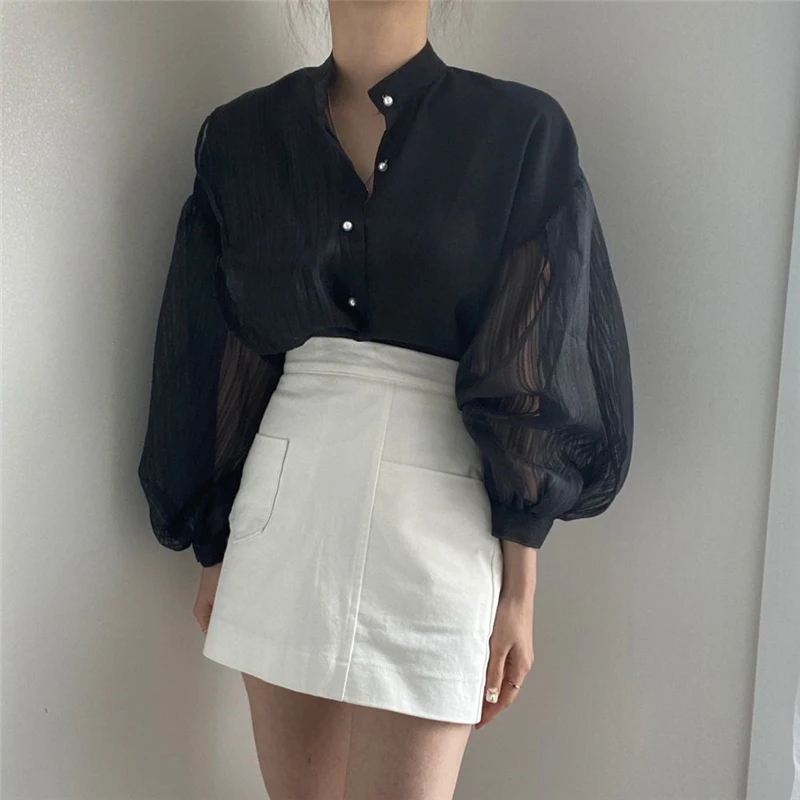 MEXZT Elegant White Shirts Women Vintage Mesh Patchwork Long Sleeve Blouses Summer Ladies Korean Black Tulle Sheer Chic Tops New