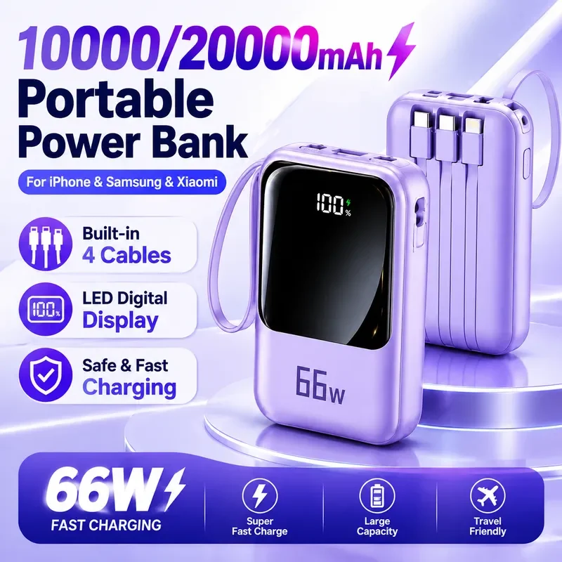 66W 20000mAh Power Bank Fast Charging USB C Portable Charger LED Digital Display External Battery for iPhone Xiaomi