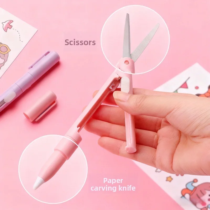 Tijeras y Cortador de Cerámica 2 en 1 con Forma de Bolígrafo, Retráctiles, Plegables, Mini Herramienta de Corte Portátil y Segura para Diario, Álbum de Recortes, Manualidades
