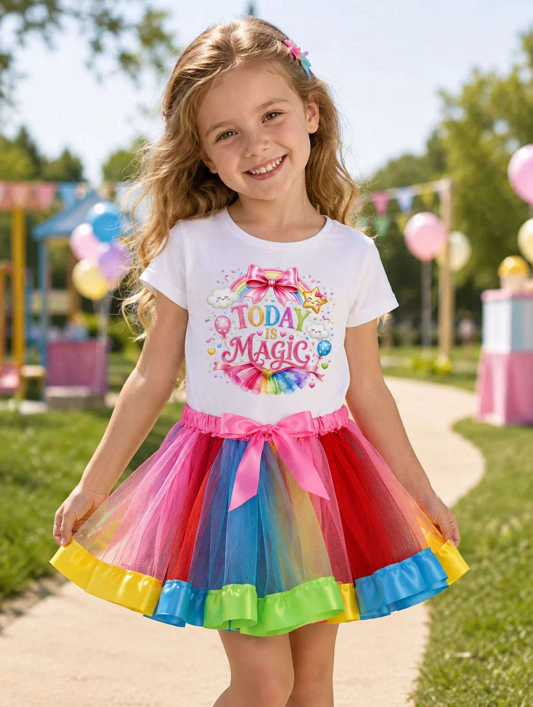 Conjunto de 2 piezas para niñas pequeñas, camiseta de manga corta con estampado de arcoíris, falda tutú de tul con volantes coloridos, fiesta de cumpleaños para niños