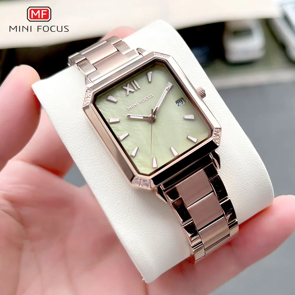 MINI FOCUS Square Dial Quartz Watch Mulheres Moda Analógico Relógio de pulso com mãos luminosas Data Rose Gold Stainless Steel Band 0472