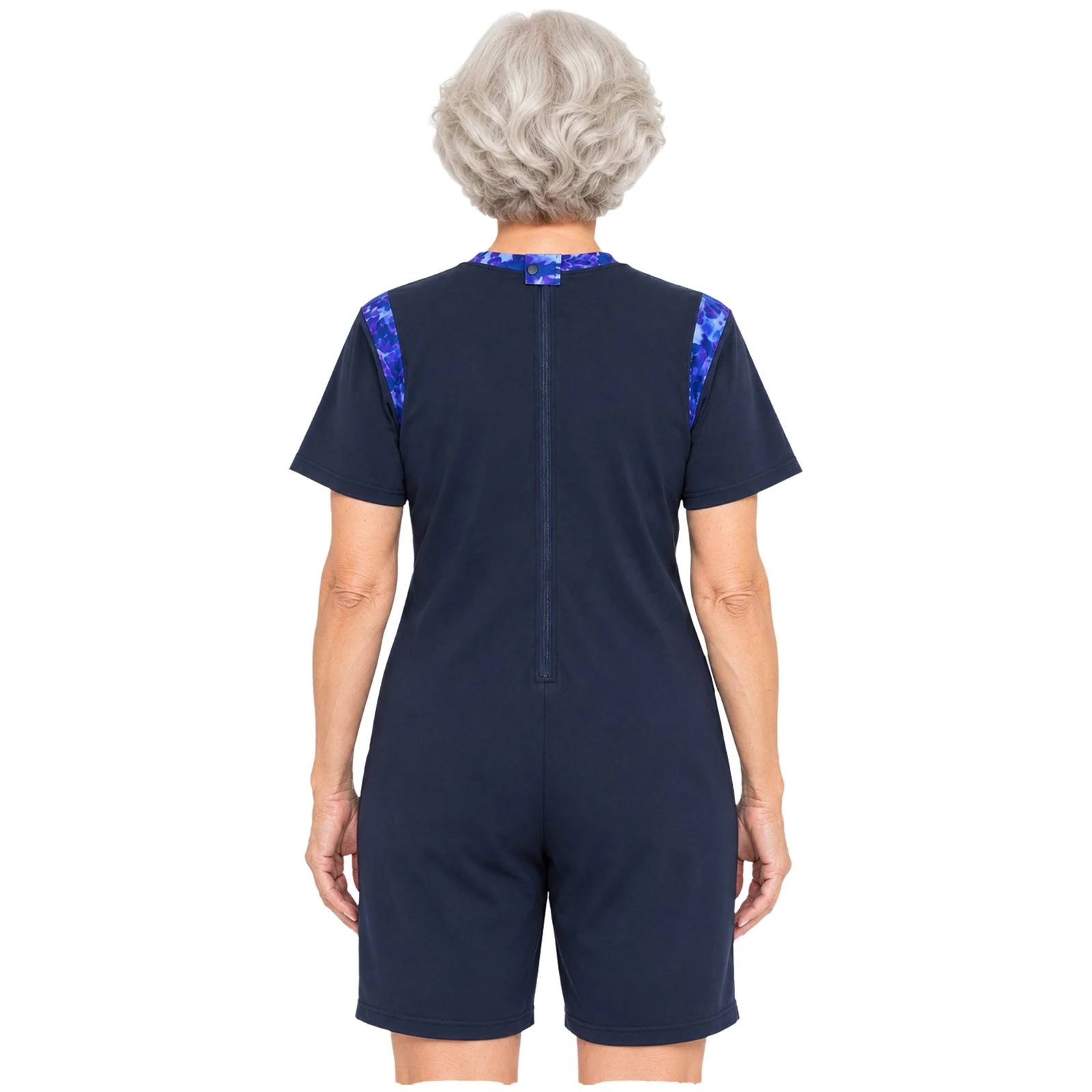 Women Floral Print Adaptive Jumpsuit Patchwork Bodysuit Short Sleeve Anti-strip Zipper Back Crotch Rompers for Special Needs
