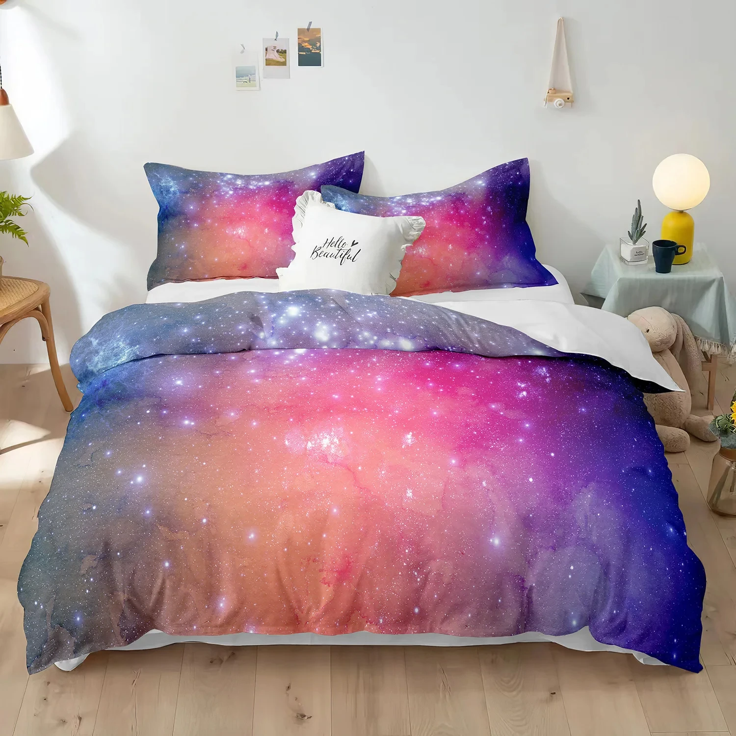 Starry Sky Polyester Duvet Cover Set King Size White Star Colourful Galaxy Starry Space Nebula Abstract Cosmos for Boy Girl