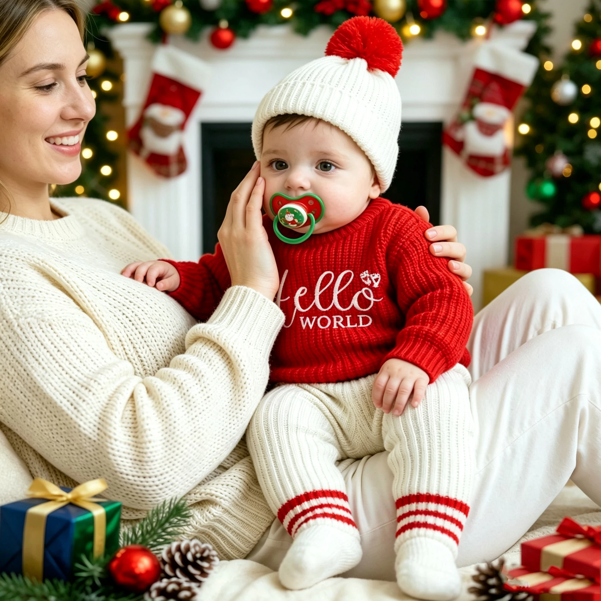 Newborn Baby Christmas Knitted Outfit “Hello World“ Embroidery Soft Red Sweater + Striped Rib Pants + Pom Pom Hat Casual Outfit