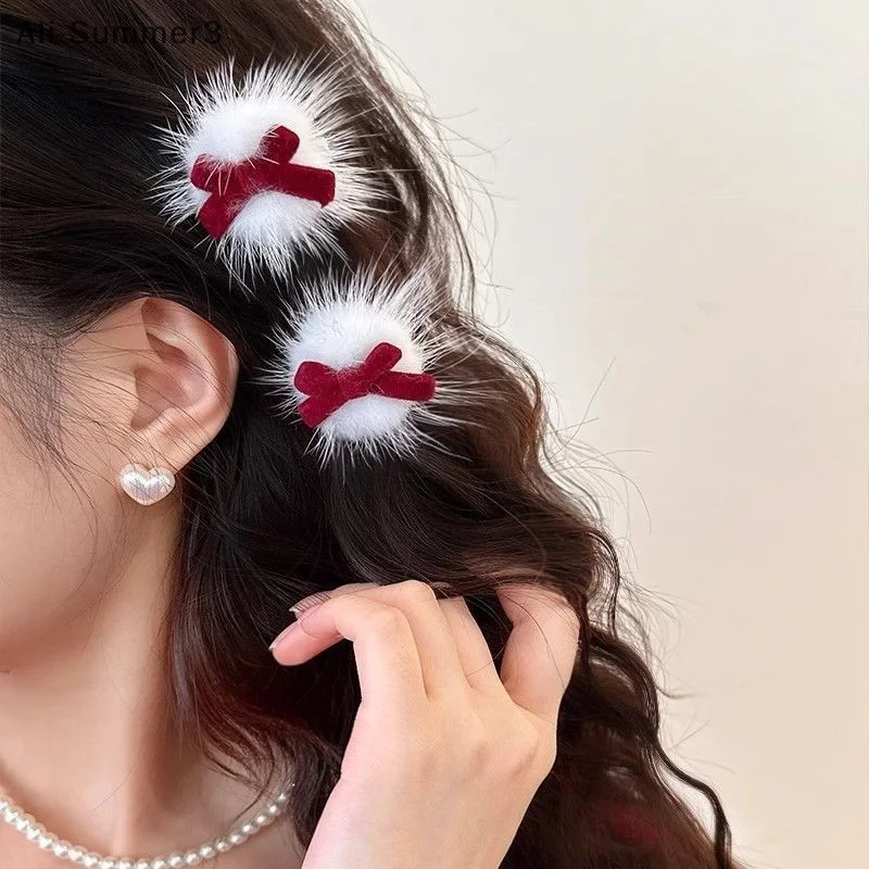 دبابيس شعر على شكل فيونكة مخملية حمراء للأميرة فتاة لطيفة على شكل قلب أطفال للخريف والشتاء مقاطع شعر كورية حلوة أغطية رأس للعام الجديد #4