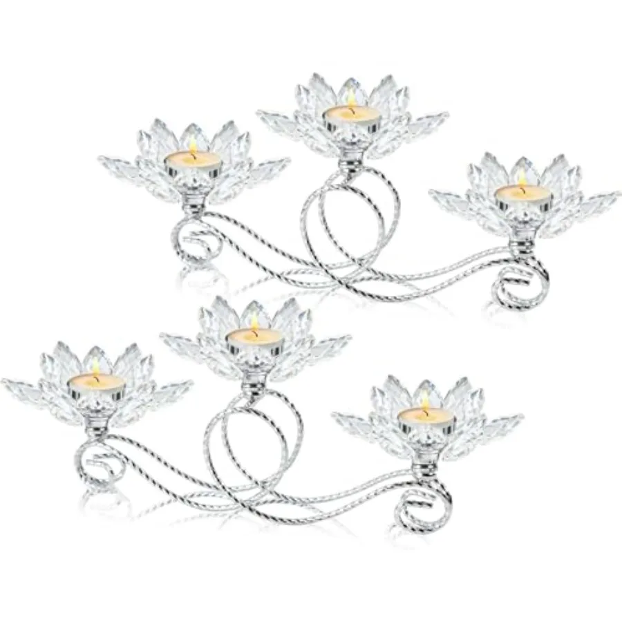 2Pcs Siver Crystal Metal Tea Light Candle Holder Set Flower Shaped Crystal Votive Candlestick Holders for Table Centerpiece Wed