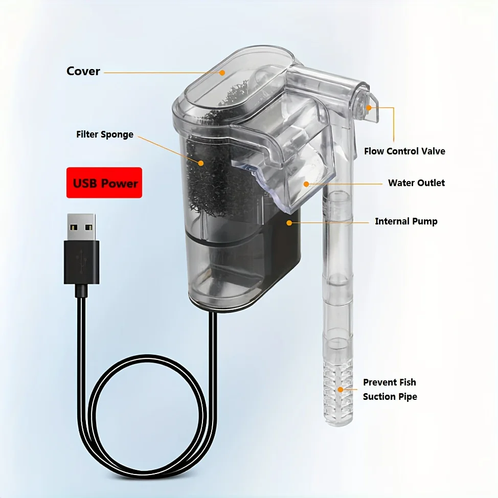 2.5W DC 5V Wall-hanging Filter For Fish Tanks USB plug Mini Aquarium Filter Pump 250H/L Suitable For Fish Tanks Below 30cm