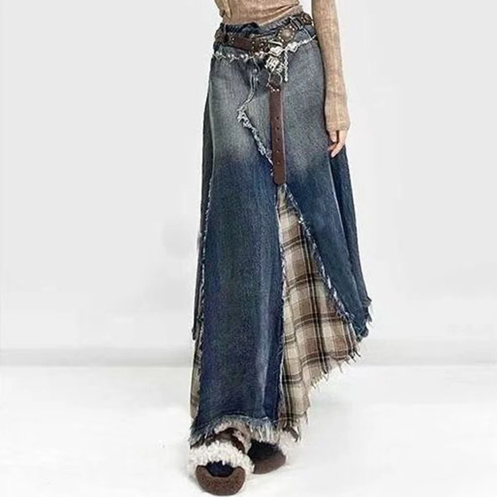 

irregular splicing plaid A word medium and long skirt gradual change pendulum high waist half body denim skirt
