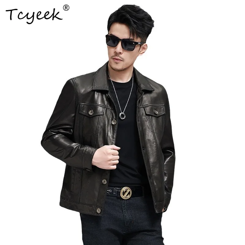 Tcyeek Top Layer Goatskin Coat Black Real Leather Jacket Men Clothes Spring Autumn Mens Coats Trendy Slim Fit Jaqueta De Couro
