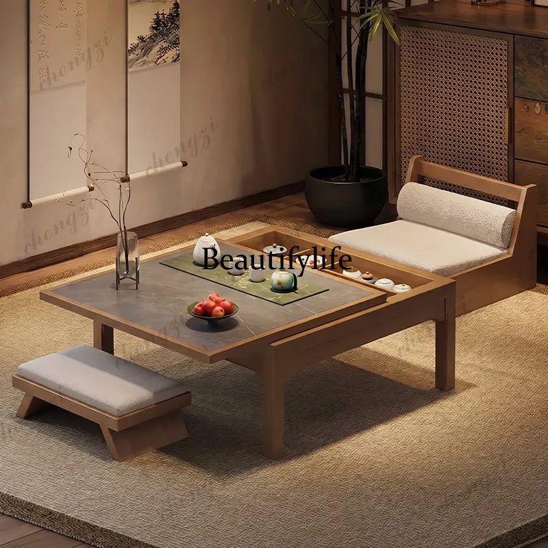 Balcony push-pull tea table short small solid wood square table bay window Japanese zen tea table new