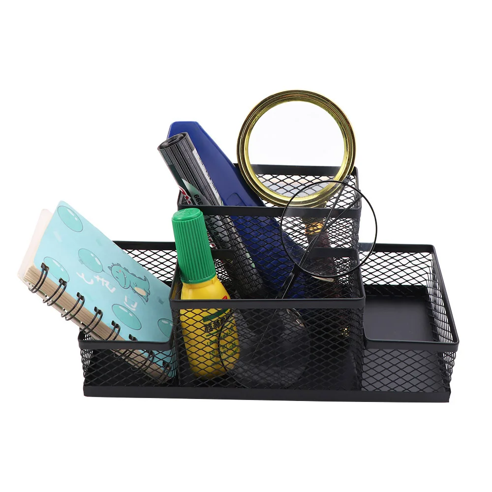 Practical Metal Pen Holder 3/4 Grid Large Capacity Pencil Storage Box Black Mesh Design Desk Stationery Organizer Education