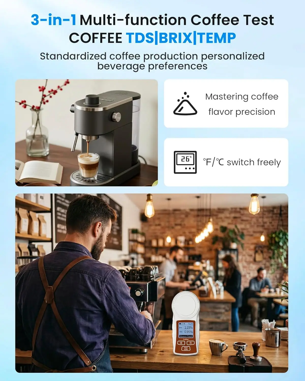 YOWEXA Professional Rechargeable Digital Coffee TDS Refractometer ATC One-key Calibration Anti-glare Binder Accessory Part