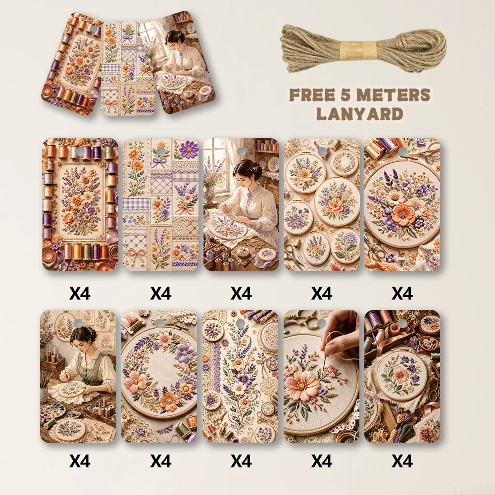 40pcs, Gift Tags, Vintage French Embroidery Art, Hanging Paper Labels for Gift Wrapping, Holiday Party Decor with String